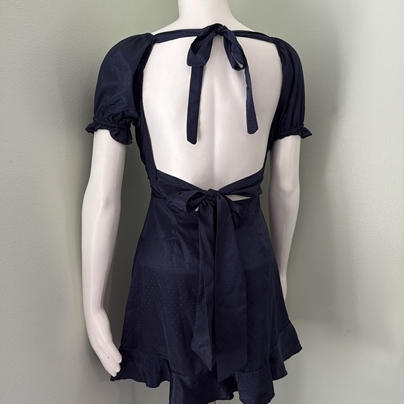 Lucy in the Sky Satin Fit and Flare Puff Sleeve Mini Dress Navy Tie Back XS - Picture 4 of 10